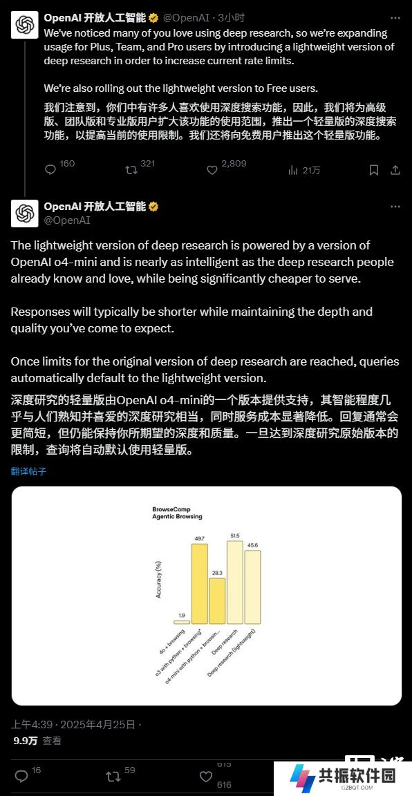 OpenAI 推出轻量级 ChatGPT 深度研究工具，免费用户也能用